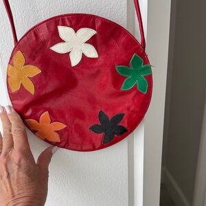 Red Circle Bag with Leaf Appliqués